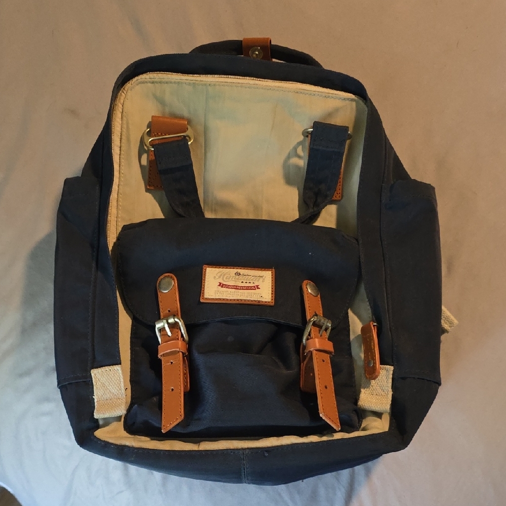 Himawari Stylish Blue Laptop Backpack with Tan Accents
